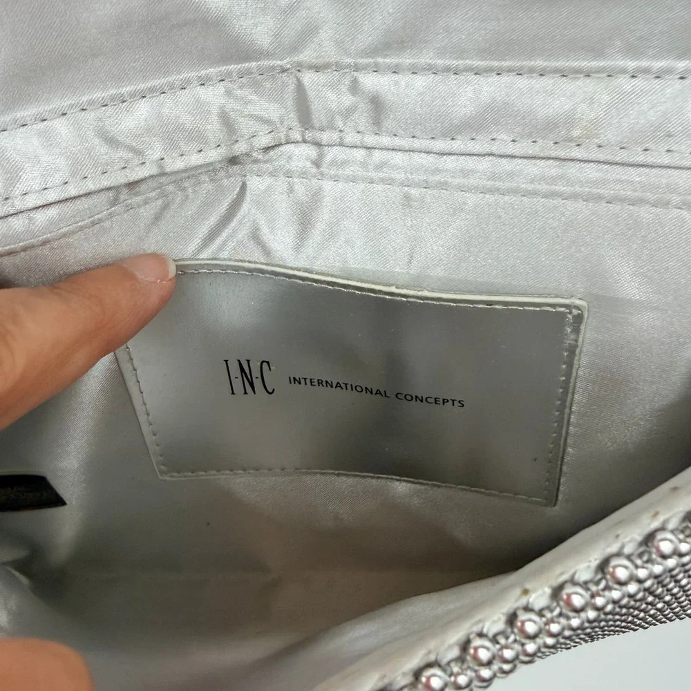 INC International Concepts Silver Beaded Metal Mesh Clutch Crossbody Bag Evening